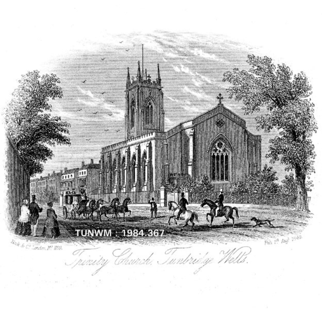 An old painting of a church, with people and horses in front of it