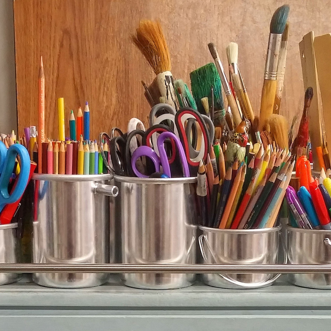 Art for all 5 Paint brushes, colouring pencils and scissors in metal jars