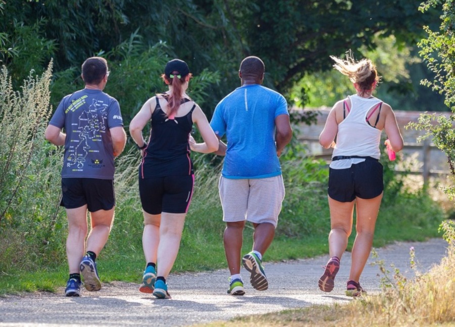 Four joggers on a path jogging away from the viewer